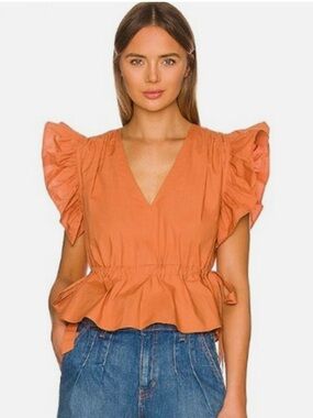 Ulla Johnson Clay Orange Lyla Peplum Cotton Top - Ruffle Sleeve V-Neck size 14